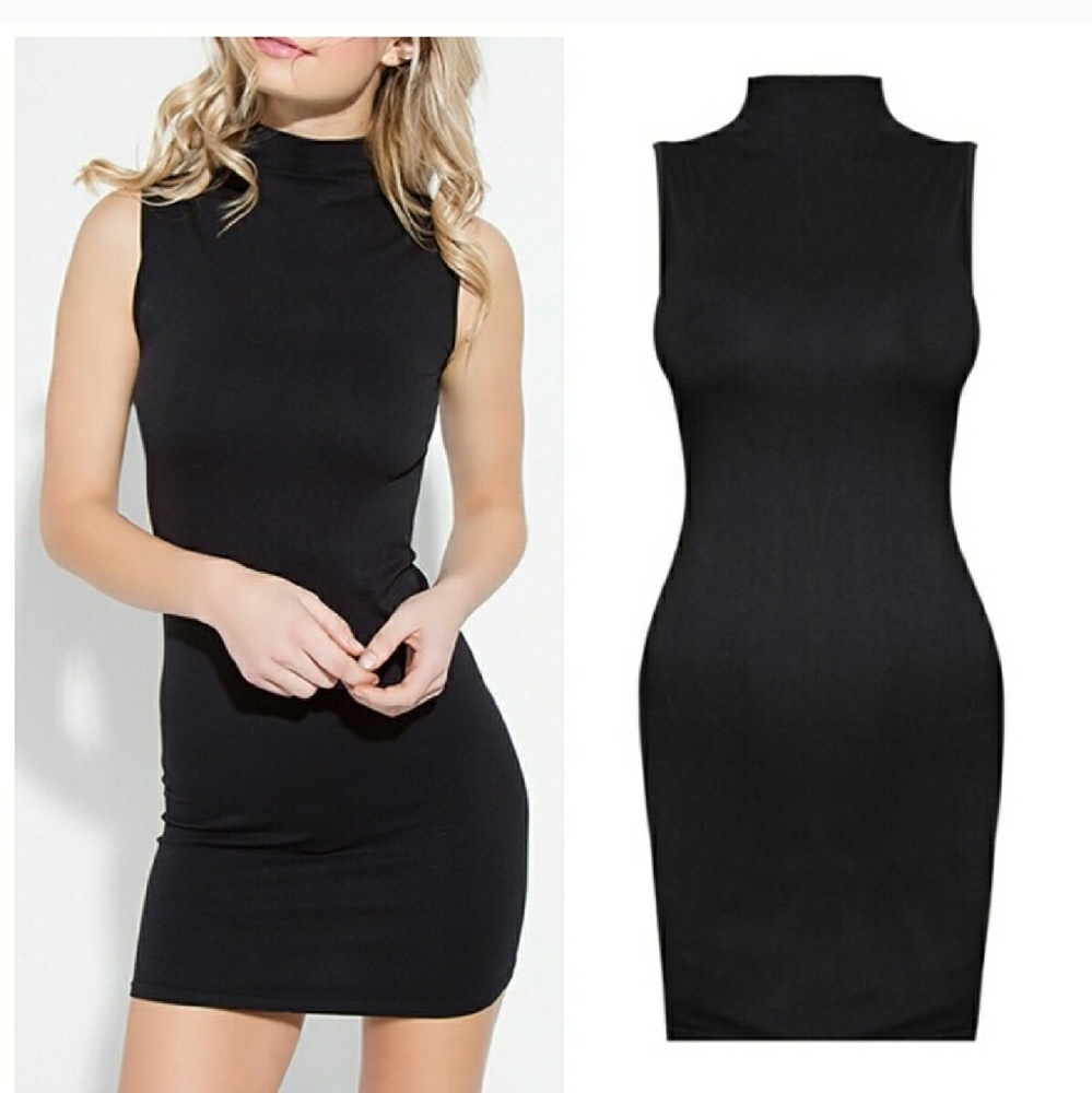 Black fitted dress.
